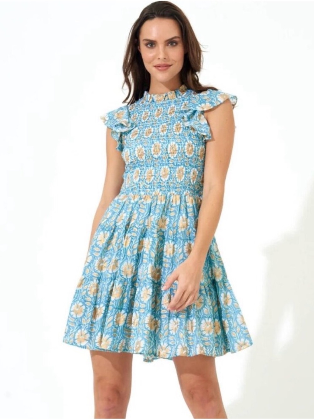 Oliphant Smocked Flirty Short Ruffle Mini Dress Blue Gold Block Print Tuckernuck